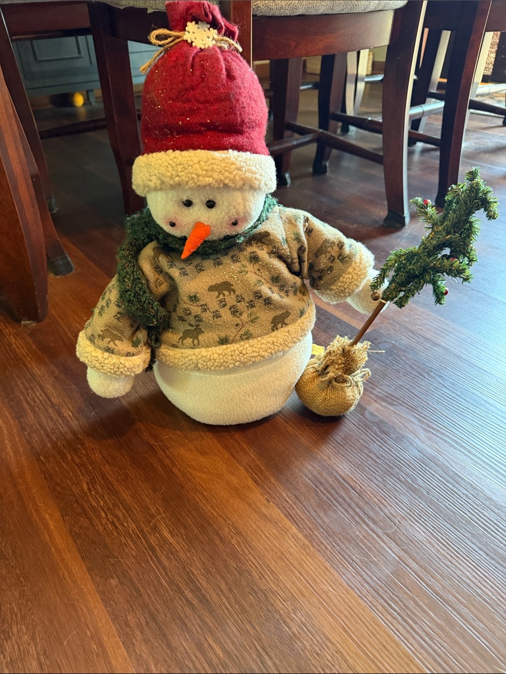 Snowman Plush Holiday Decor with Red Hat and Green Scarf